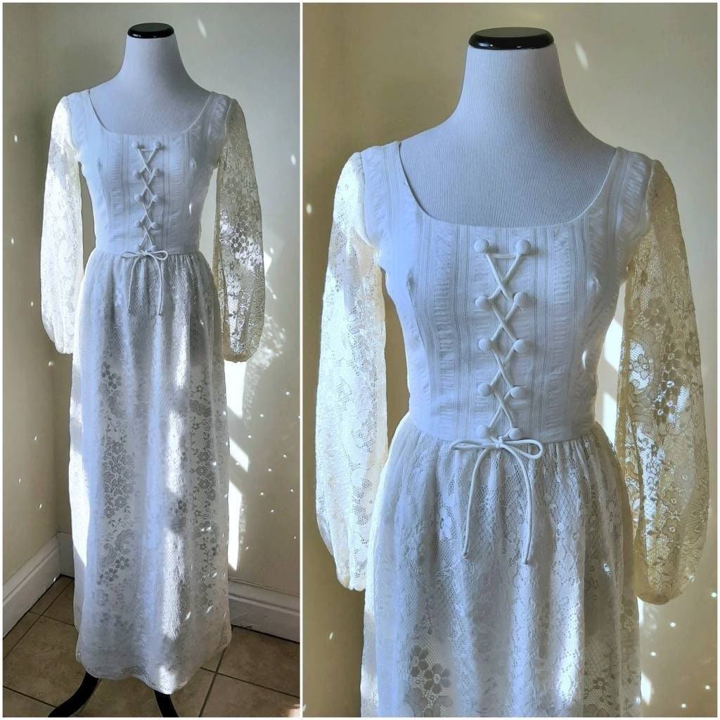 Lanz Originals Ivory Illusion Lace 60s Hippie Wedding Dress Corset Maxi